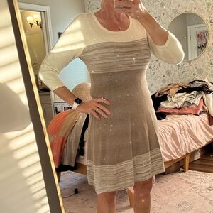 New York & Company Beige and Cream Long Sleeve Dress